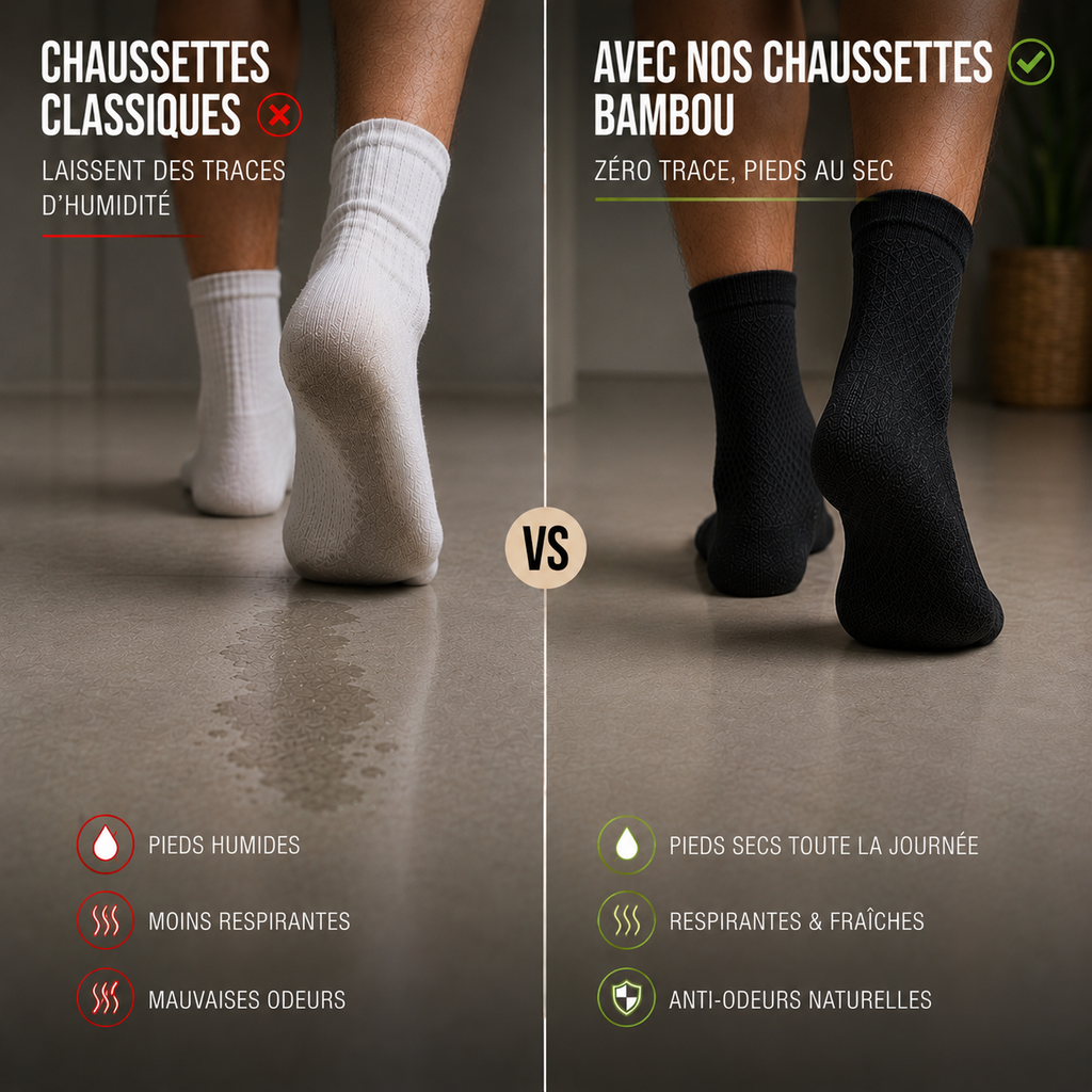 Comparaison côte à côte entre des chaussettes classiques et des chaussettes BambStore en bambou après une journée