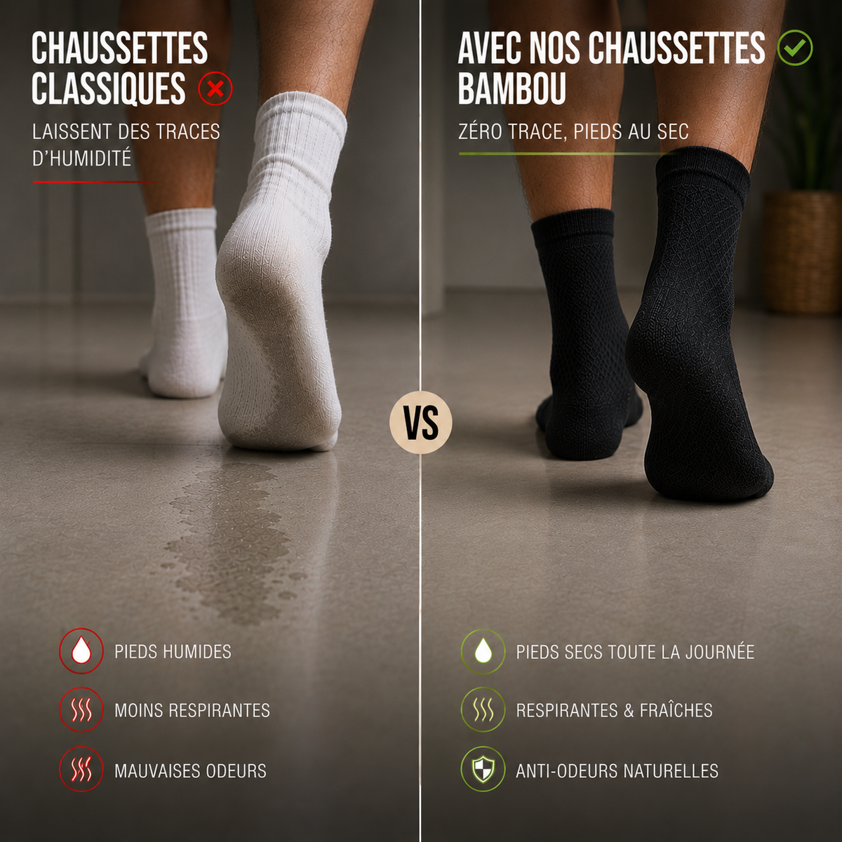 Comparaison côte à côte entre des chaussettes classiques et des chaussettes BambStore en bambou après une journée