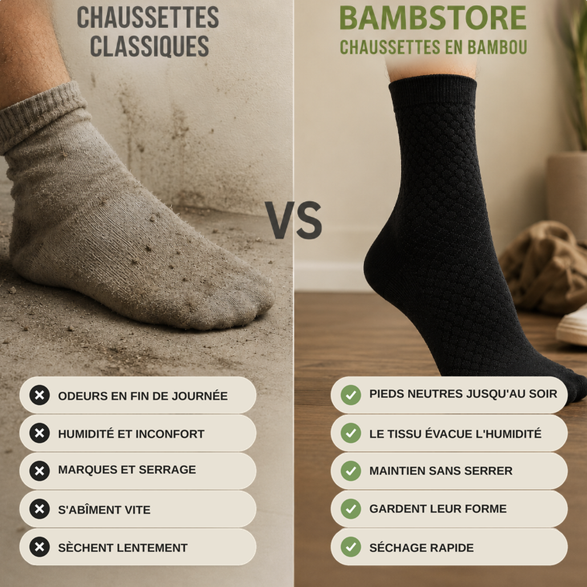 Comparaison entre une chaussette classique usée et une chaussette BambStore en bambou noire