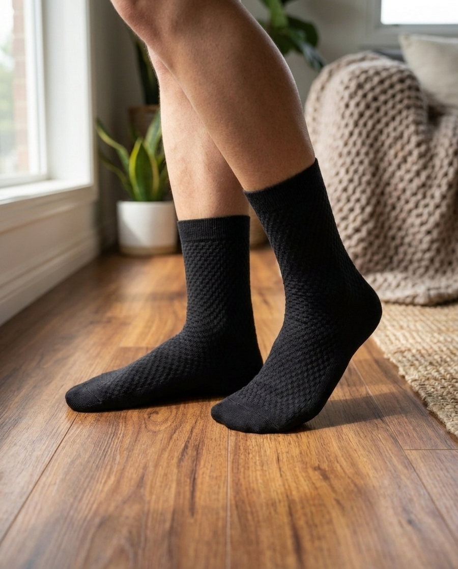 Chaussettes en bambou BambStore portées à la maison
