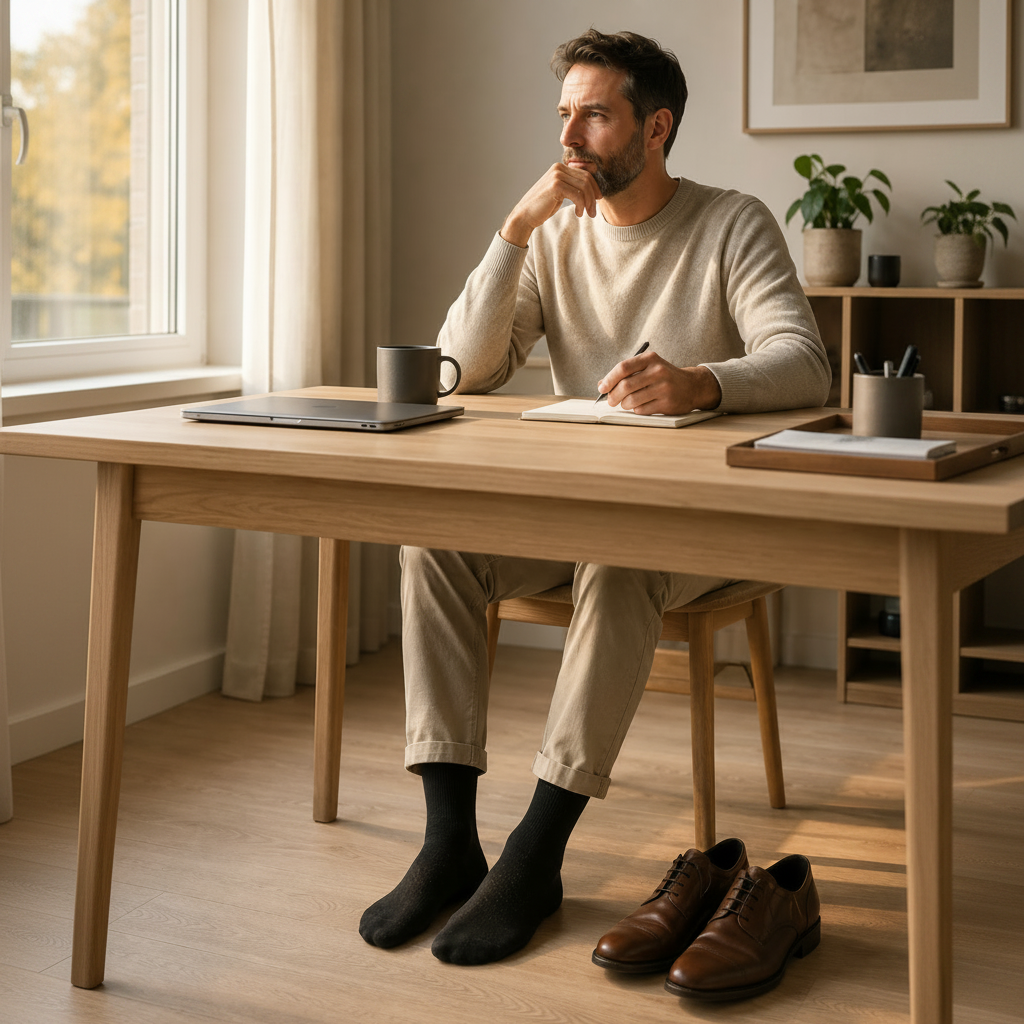 Homme assis à un bureau en bois clair, chaussures de ville retirées, portant des chaussettes BambStore noires en bambou
