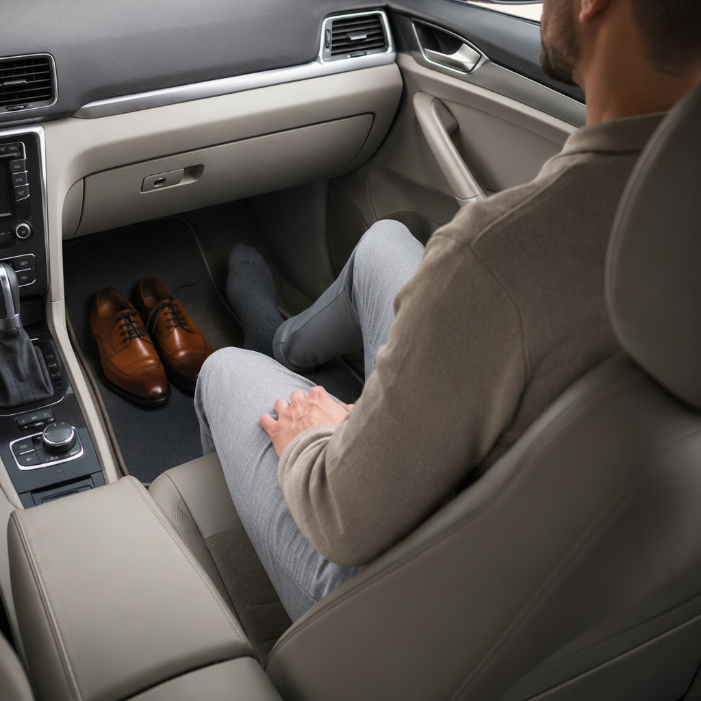 Pieds en chaussettes BambStore gris anthracite posés sur le tapis de sol côté passager d'une voiture, chaussures retirées à côté