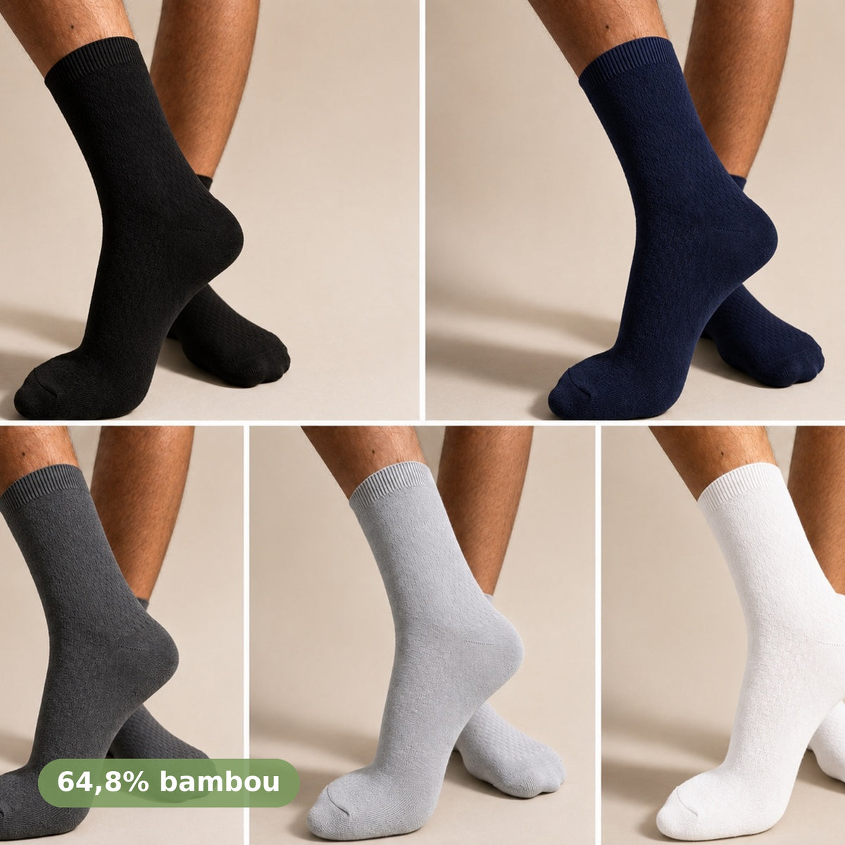 Chaussettes BambStore en bambou portées, coloris noir et bleu marine, vues de profil